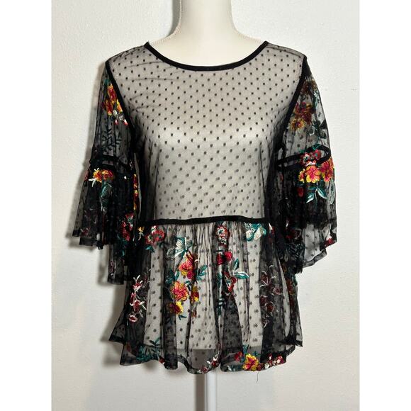 Women's Umgee Black Mesh Lace Sheer Floral Embroidered Peplum Whimsy Top Size S - Picture 1 of 6